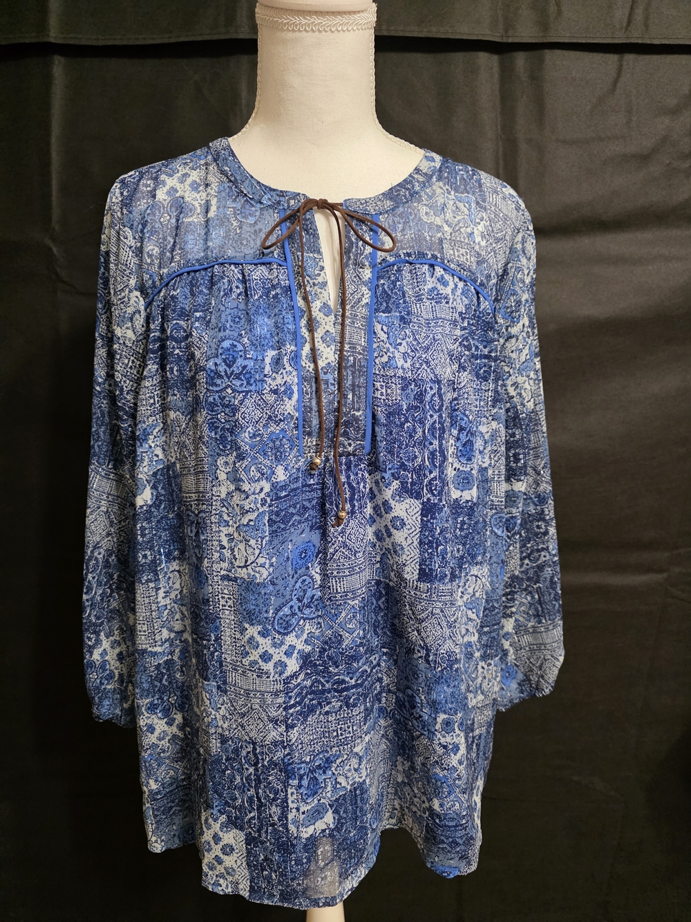 Blue Patchwork Tie-Neck Peasant Tunic